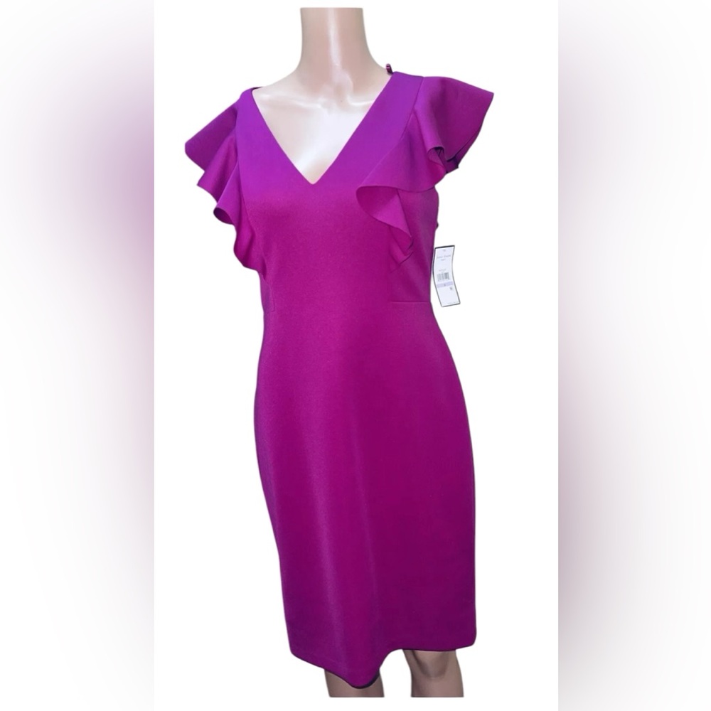 JESSICA HOWARD BODYCON DRESS WOMENS SLEEVELESS V-NECK RUFFLE TRIM PURPLE SIZE 6